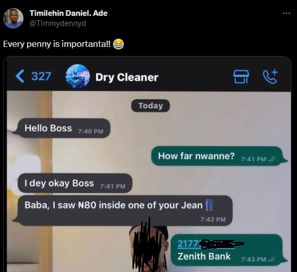 Customer shocks dry cleaner as he requests for N80 found in his pocket