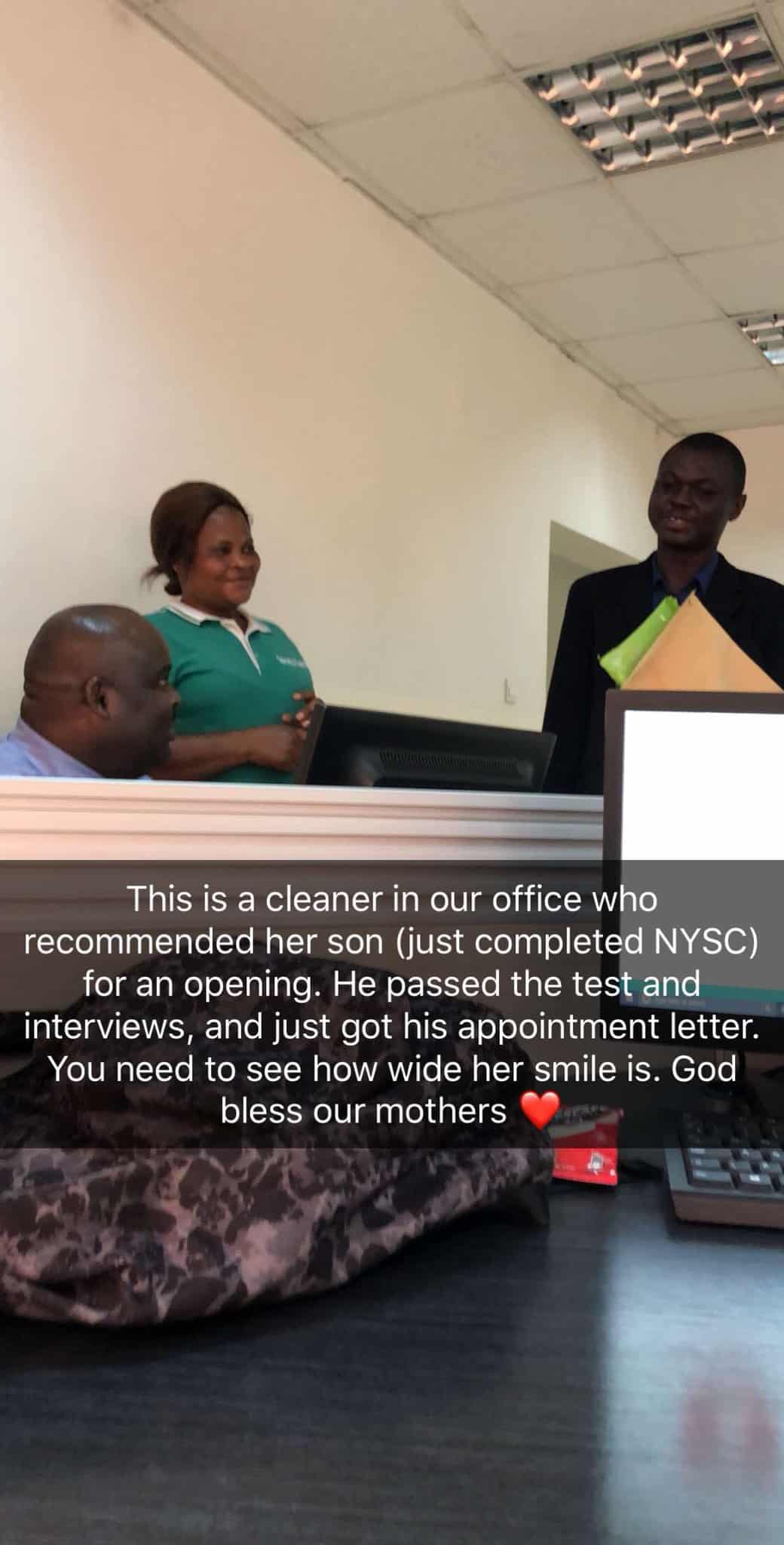 Cleaner recommends son who just completed NYSC at workplace, gets hired