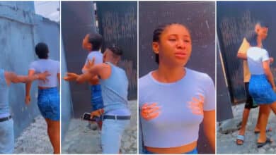"I no dey do again" - Nigerian man pushes girlfriend out of his house, she refuses, cries a river (Video)