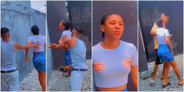 "I no dey do again" - Nigerian man pushes girlfriend out of his house, she refuses, cries a river (Video)