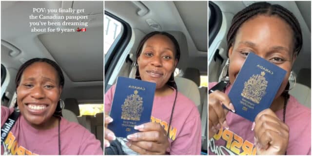 Nigerian lady over the moon as she becomes Canadian citizen after 9 years in Canada, proudly flaunts her blue passport