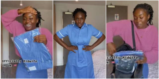 Lady over the moon as relocates to UK becomes certified midwife, shows off her blue uniforms