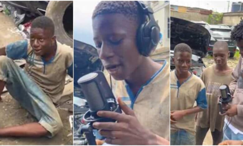 Omo, this boy sabi sing - Mechanic boy sings melodiously with sweet voice, producer mixes sound for him, Video trends