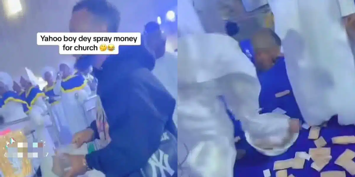 “It shows how corrupt the church has become” — Netizens react as young man make it rain money in a white garment church