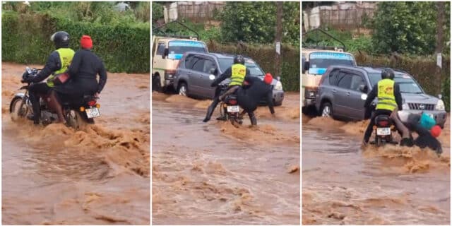 Okada rider causes buzz as woman falls from his bike in attempt to cross flooded road, leaves her drenched in mud water