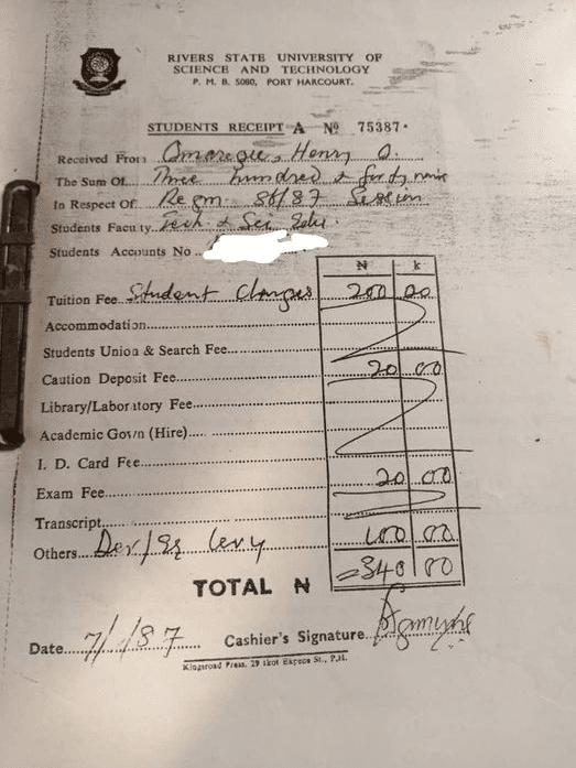 "I paid just N340" - Nigerian man shares his 1987 university tuition fee official receipt online, receipt causes buzz
