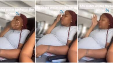 Moment pregnant woman water breaks on Aeroplane