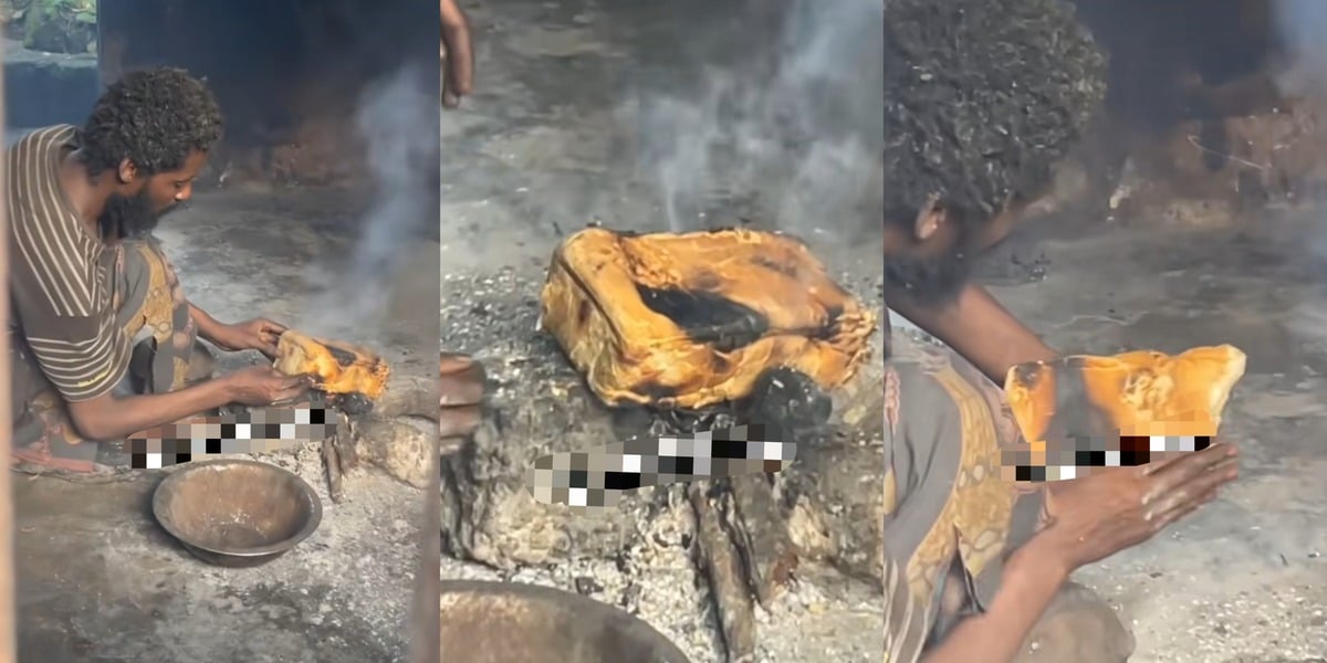 "Things dey occur o" - Heartbreaking video of a homeless man cooking bread using firewood and stones causes stir