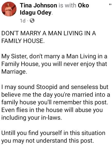 Why you should not marry a man living in a family house - Gospel singer