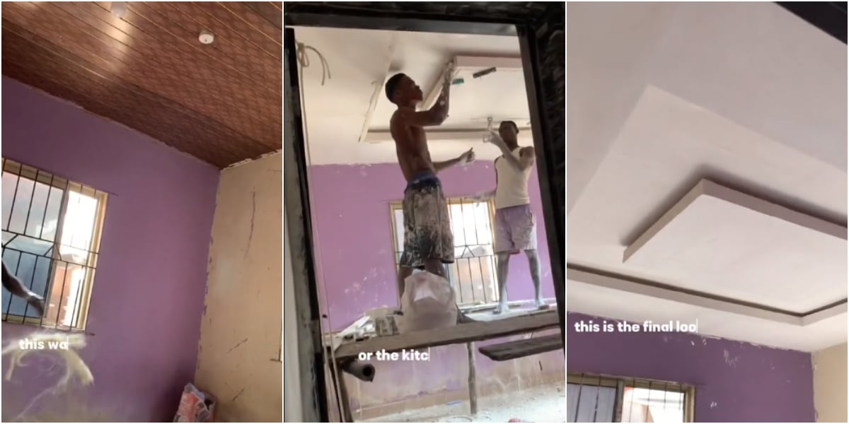 Lady stuns many as she renovates rented house with expensive POP ceiling