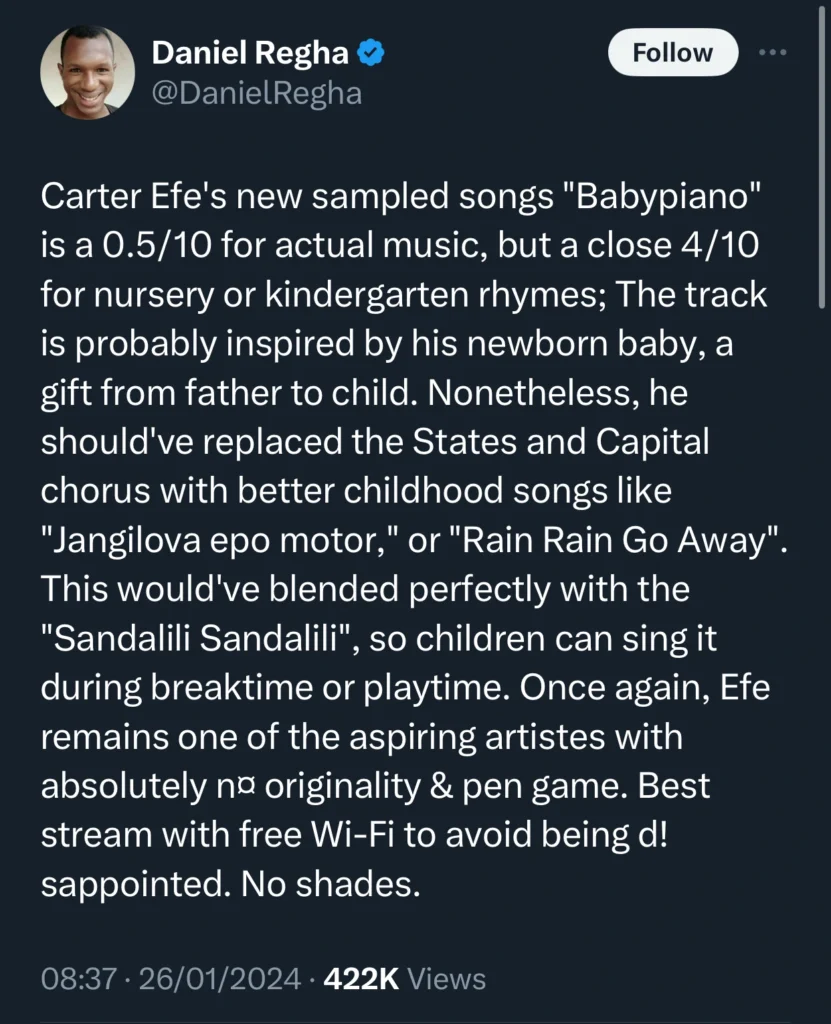 “Babypiano is a 0.5/10 for actual music” — Daniel Regha critiques Carter Efe’s new song 