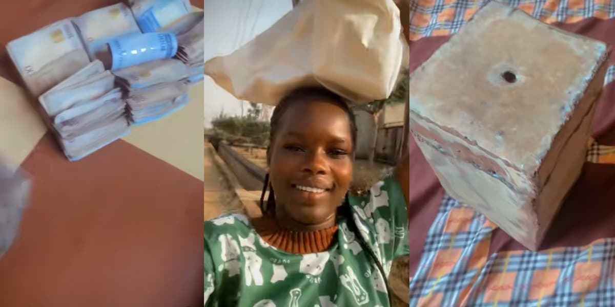 Nigerian lady stuns social media as she breaks open savings box, flaunts bundles of naira notes online