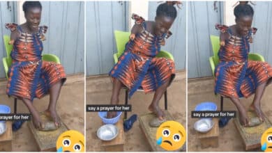 "Forever grateful" - Physically challenged lady stuns many as she uses her legs to grind