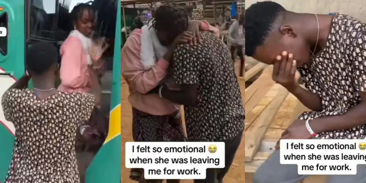 “This must be a jobless man” — Reactions as man cries a river as he escorts his girlfriend off to work
