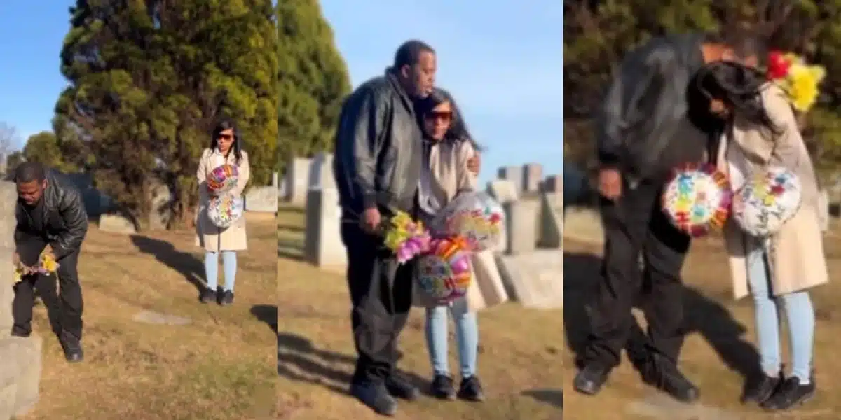 “He cheated on me with her once but I’ve forgiven him” — Lady visits graveyard with boyfriend on his ex-girlfriend’s birthday
