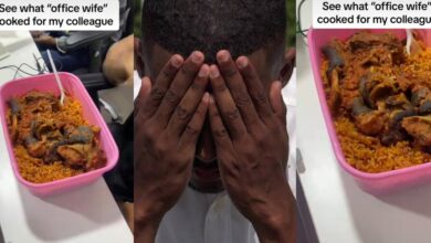 Drama as Nigerian man's 'office wife' surprises him with jollof rice and several assorted meats