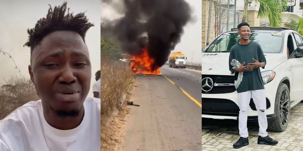 "Help me, my car has burnt" - TikTok influencer, Oloba Salo in tears as multi-million naira car engulfs in flames