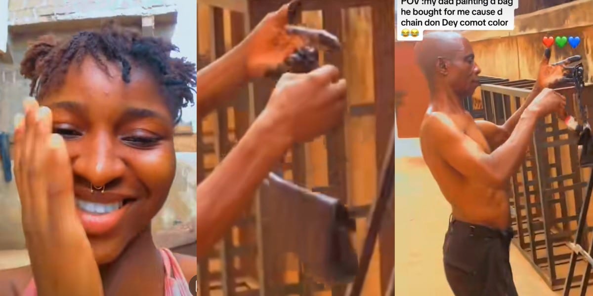 "If na guy now, una go dey call am broke" - Nigerian father raises eyebrows as he paints a fading bag for his daughter