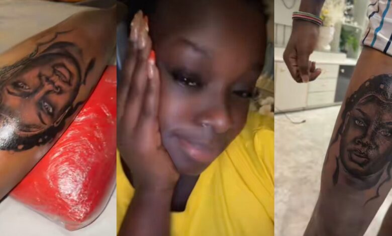 "See love, na oloriburuku I carry for house" - Jealousy as man tattoos girlfriend's face on his leg as Valentine's gift