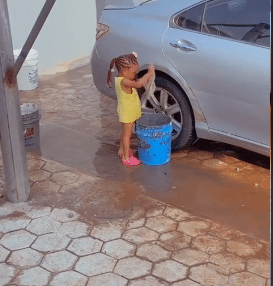 girl 2-year-old washes mom's car