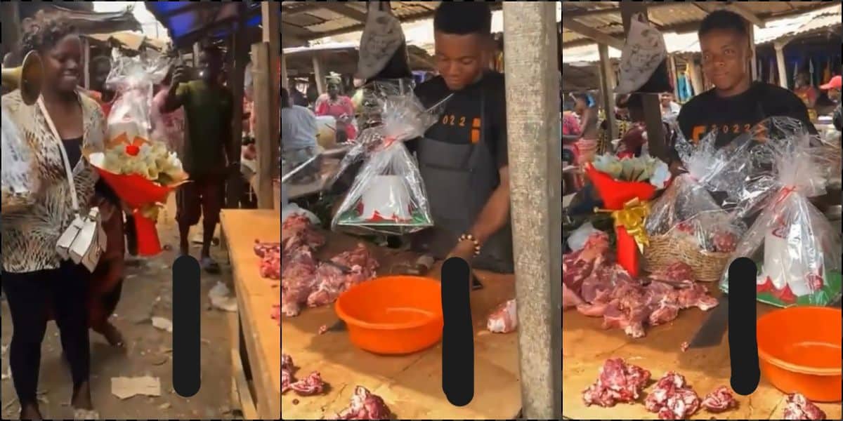 Romantic moment wife celebrates meat-seller husband on his birthday at work