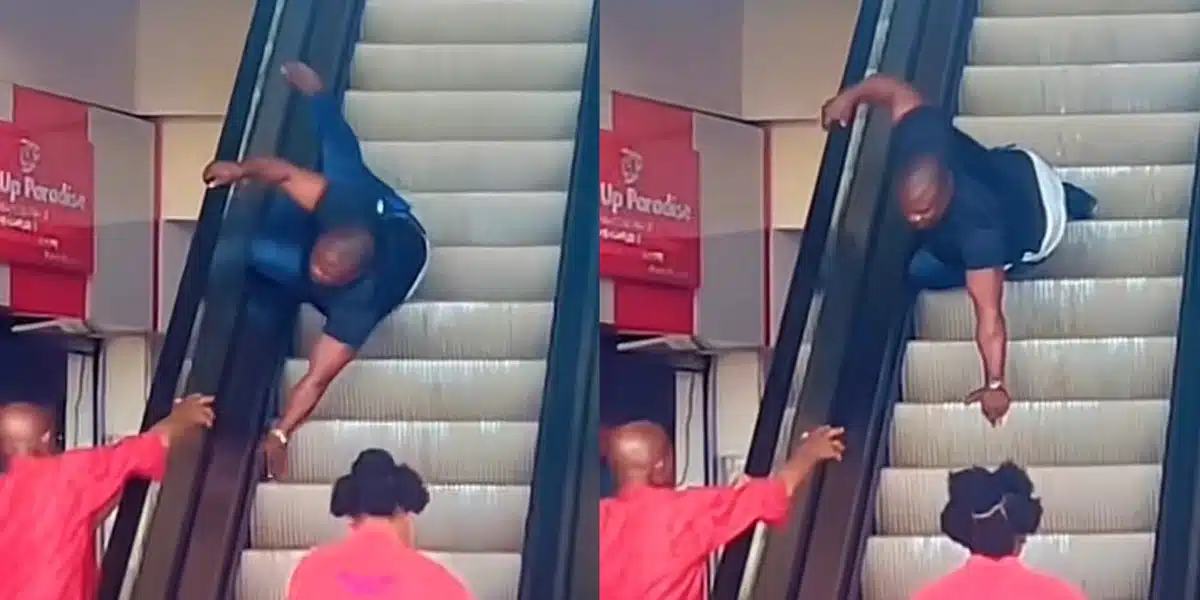 “No be head of the family dey ground so” — Reactions as man gets stuck on escalator