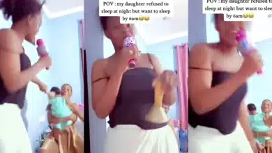 “This our generation of motherhood nawa” — Mother starts concert with bell and microphone for daughter who refused to let her sleep at night