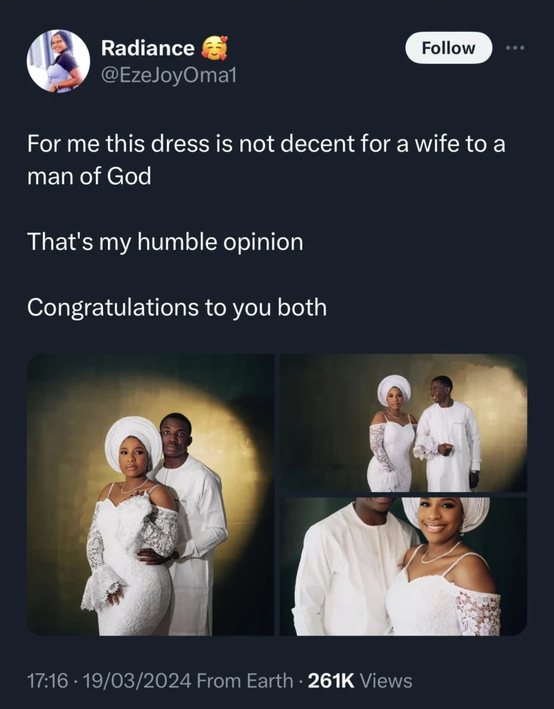 “This dress is not decent for a wife to a man of God” — Lady shares 2 cents about Ashlee’s dress 