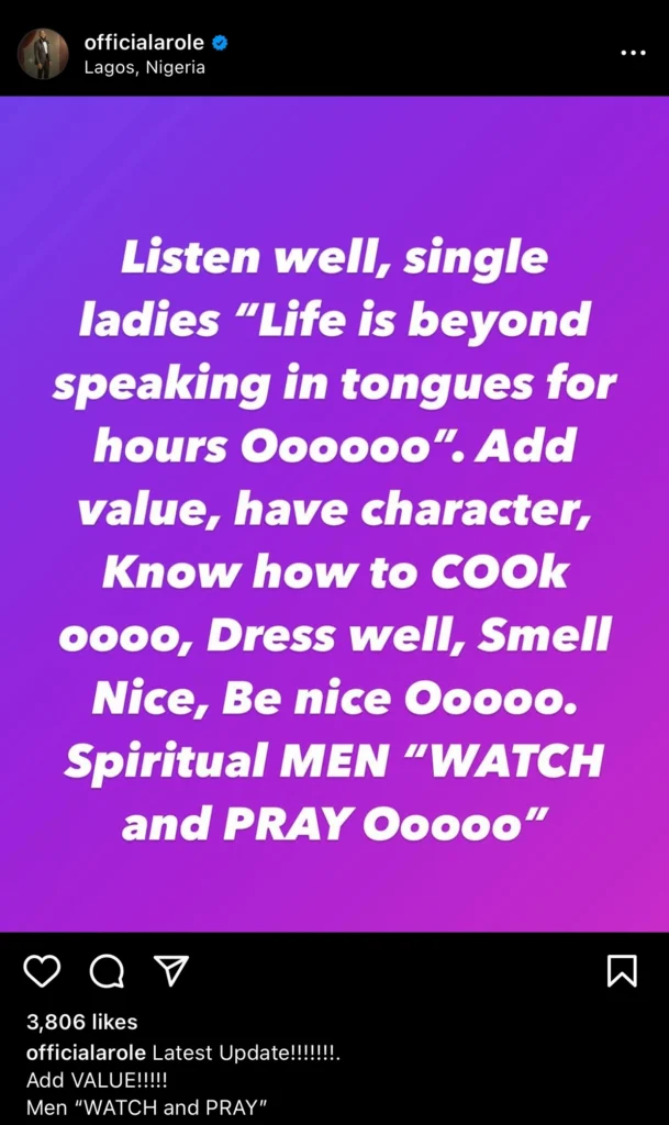 “It is not enough to speak in tongues for hours, spiritual men watch and pray” — Woli Arole advises single ladies 