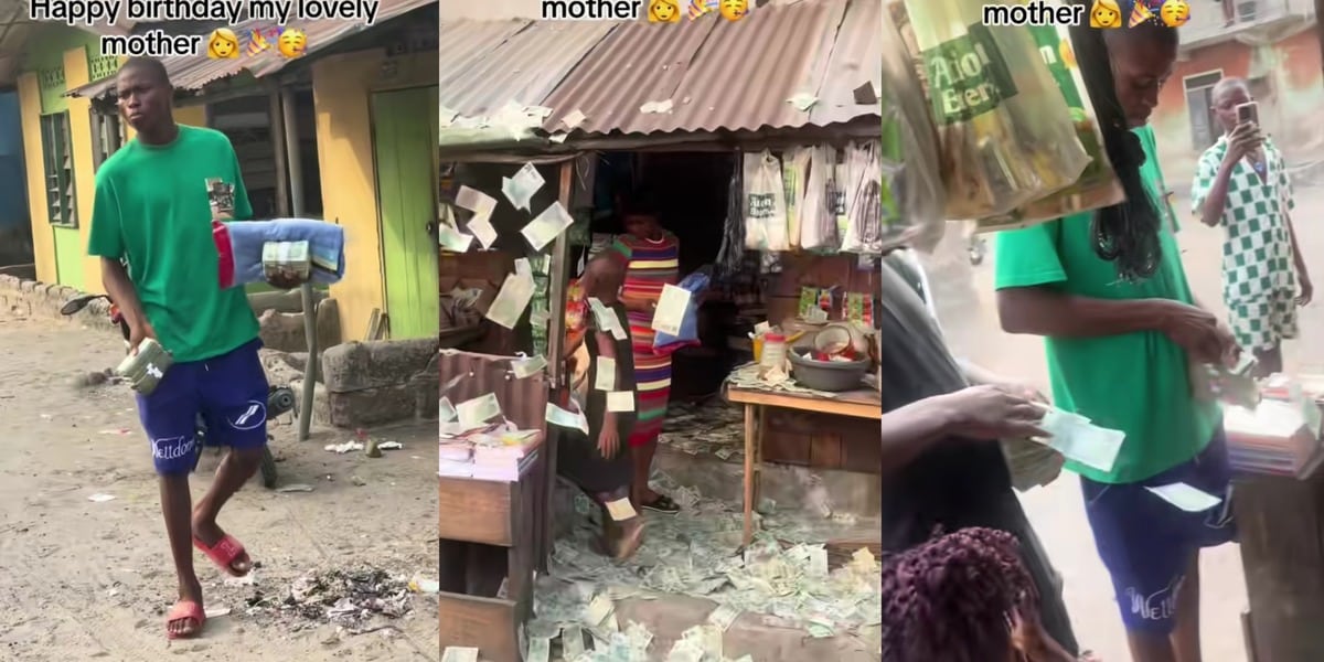 "Benin boys and #20 na 5&6" - Nigerian big boy surprises mother, showers her with ₦20, ₦50 notes on her birthday