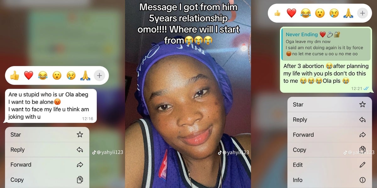 "After 3 abortions, Ola please" - Nigerian lady shares emotional breakup chat after 5-year relationship