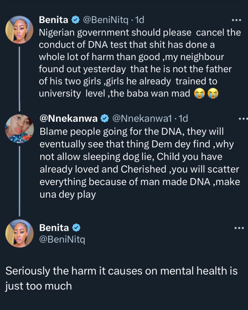 “Government should ban DNA test” — Lady states as her neighbor discovers he’s not the biological father of his two daughters 