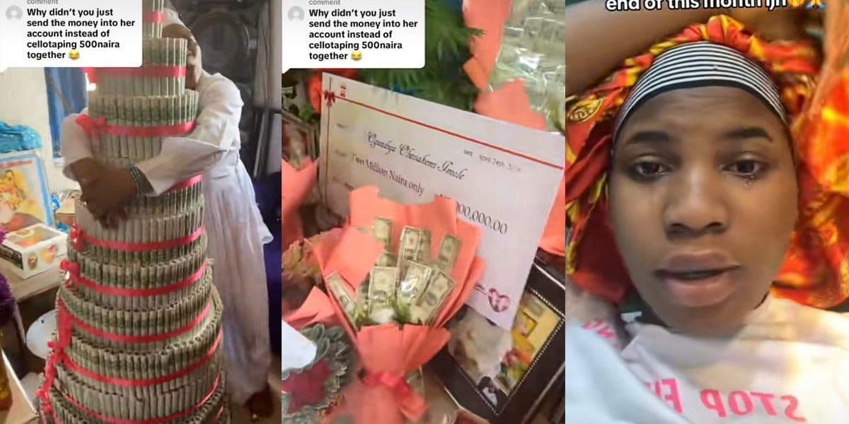 Nigerian woman reaps fruit of labour as she gets ₦2m cheque, money bouquet, etc. as gift from daughter