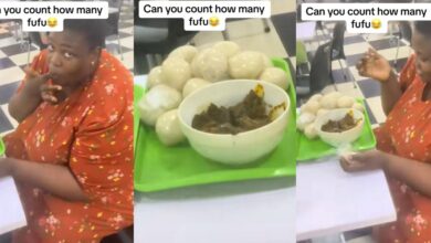Nigerian woman enjoys massive bowl of soup and 15 fufu wraps