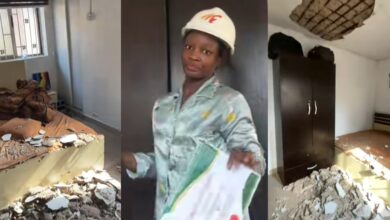 Nigerian lady narrowly escapes death as ceiling crashes onto bed while she slept