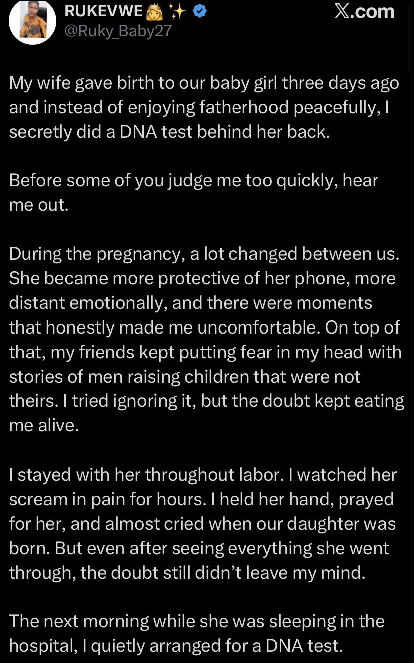 “Was I wrong?” – Married man cries out after wife threatens to leave marriage over secret DNA test 2 “Was I wrong?” – Married man cries out after wife threatens to leave marriage over secret DNA test