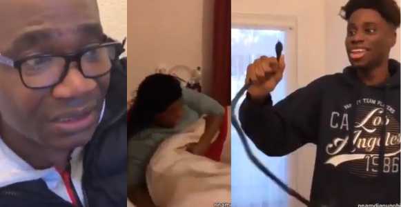 Nigerian boy pranks his parents with a fake snake (Video)