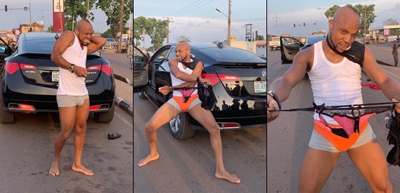 Actor Charles Okocha flaunts his eggplant in public, holds out female pants