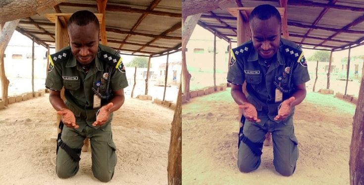 Nigerian soldier seen praying after returning safely from fighting Boko Haram