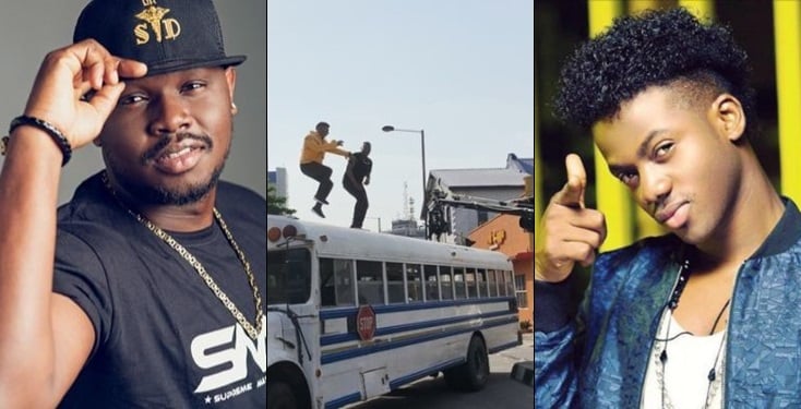 Moments Dr Sid and Korede Bello nearly fell off the top of a bus while shooting a video