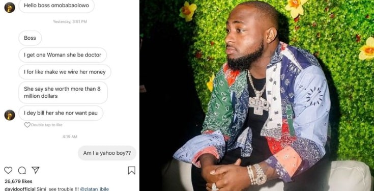 Davido shares message he received from an internet fraudster