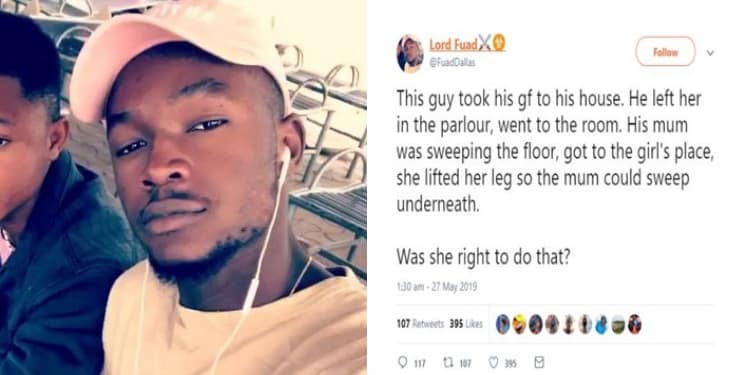 Man asks guys what they would do if a girl they brought home sits while their mother sweeps