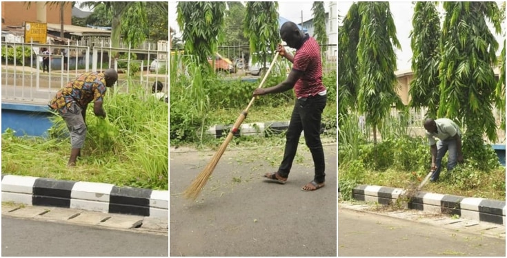 Traffic defaulters cutting grass and sweeping in Edo state