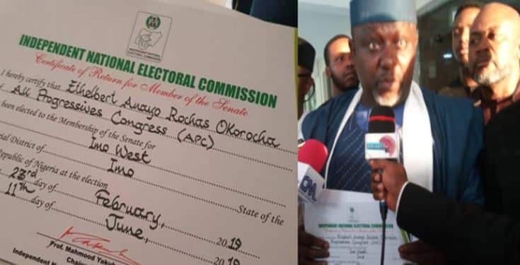 Breaking: Okorocha receives his Certificate of Return from INEC