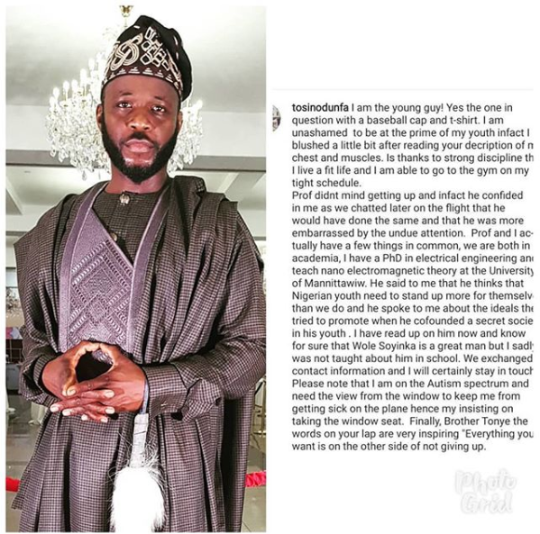 Media personality, Tosin Odunfa, reacts to backlash he has received after claiming to be the young man who ordered Soyinka out of his seat