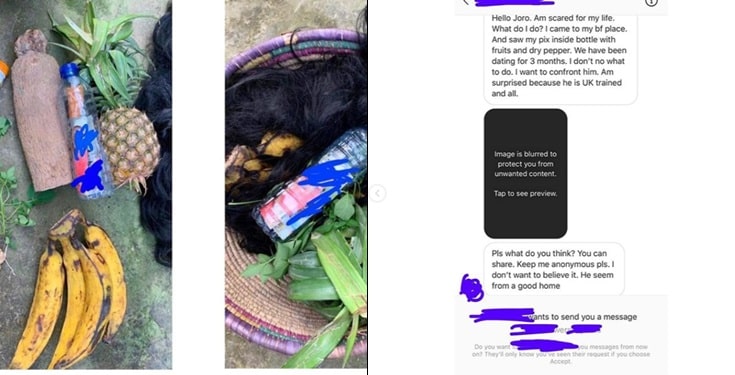 Nigerian lady cries out after finding out boyfriend put her pictures inside a closed bottle