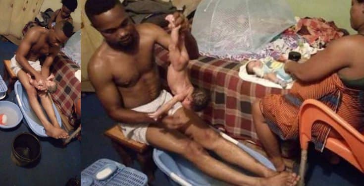 Adorable photos of a Nigerian man bathing his newborn baby
