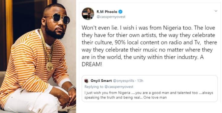 'I wish I was from Nigeria' - South African rapper, Cassper Nyovest says