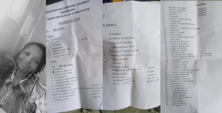Lady shares marriage list from her village in Imo State (Photos)