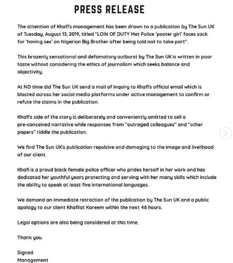 BBNaija: Khafi's management speaks on her alleged sack by UK Police